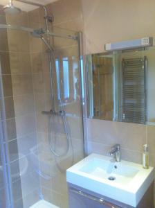 a bathroom with a shower and a sink and a mirror at East Dunster Deer Farm B&B in Tiverton