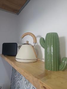 a tea kettle and a cactus on a wooden counter at Casa griega segunda linea del mar in Oliva