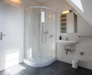 une salle de bain avec douche et lavabo dans l'établissement Avanti Apartman - Avanti Top, à Balatonboglár