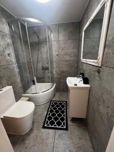 a bathroom with a toilet and a tub and a sink at Chatka Mała Sowa - Stara Rzeka in Stara Rzeka