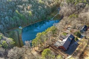 an aerial view of a house next to a lake at Willow Falls in Blue Ridge