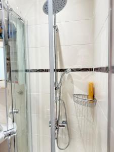 a shower with a glass door in a bathroom at City apartment with private parking in Nuremberg
