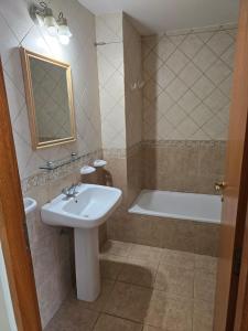 a bathroom with a sink and a bath tub at Hosteria Miyazato Inn in El Calafate +13 photos