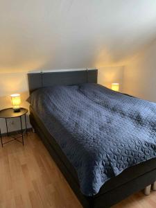 a bed in a bedroom with two lamps on a table at Købmandsgården i Blære in Års