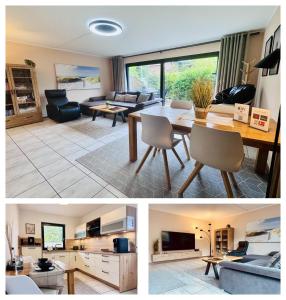 two pictures of a living room and a dining room at Stylisches modernes Apartment, Sauna und Wellness Top Lage in Lübbecke