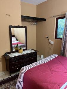 een slaapkamer met een bed en een dressoir met een spiegel bij Safety and Serenity in Runaway Bay