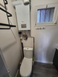 un piccolo bagno con servizi igienici e finestra di La Cabane a Saint-Michel-le-Cloucq