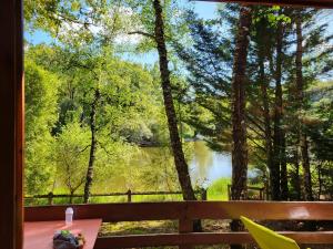 a view of a lake through a window at La Cabane, dans la forêt de Mervent in Saint-Michel-le-Cloucq