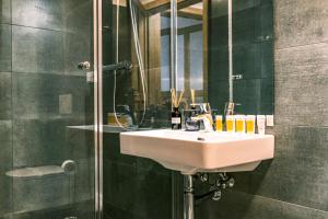 a bathroom with a sink and a shower at Luxury Apartments Pivovarské domy in Hradec Králové +29 photos