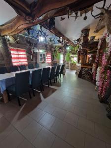 Un comedor con una mesa larga y sillas. en Cabana Micutu, en Sebeş