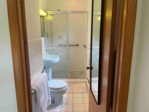 a bathroom with a toilet and a glass shower at Charming Countryside Getaway  +23 photos