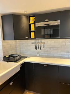 a kitchen with black cabinets and a white counter top at The Cricketers House in Marlborough