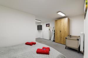 バート・ヘルスフェルトにある"Lullus" Apartment im Zentrum von Bad Hersfeld mit privatem Parkplatzのベッドの上に赤い枕が2つ置かれた寝室