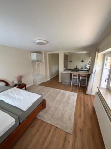 a large bedroom with a bed and a kitchen at Terrassenwohnung im Alstertal in Hamburg +3 photos