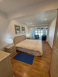 a bedroom with a bed and a blue rug at Villa Matilde e Joaquim in Porto da Cruz