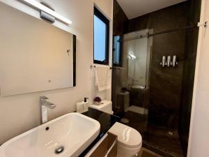 ein Badezimmer mit Waschbecken, Toilette und Dusche in der Unterkunft Suites Heriberto Frías in Mexiko-Stadt + 47 Fotos