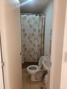 a bathroom with a toilet and a shower curtain at Apartamento duplex en ICA in Pueblo Nuevo +25 photos