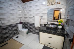 a bathroom with a toilet and a sink and a mirror at The Village House with Private Garden - Four Bedroom Nubian Home on Luxor West Bank in Luxor +20 photos