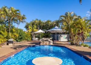 a pool at a resort with palm trees at Nautilus Beach Apartment 109 in Coffs Harbour