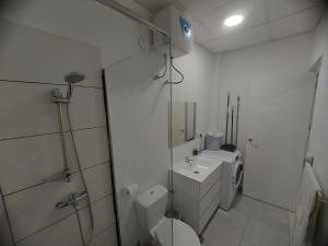 Un baño con inodoro, lavabo y ducha. en 1 room street-basement, en Vecindario