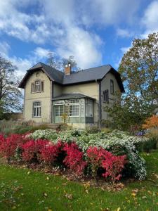 a house with a bunch of flowers in front of it at Design Villa Uckermark mit riesigem Garten in Ferdinandshof
