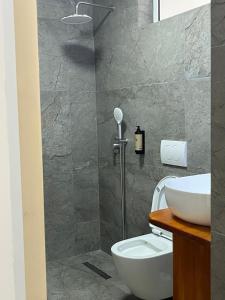 a bathroom with a shower with a toilet and a sink at Golden House Berat in Berat