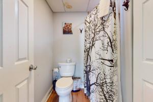 ピジョン・フォージにあるRiver Shelterのトイレとシャワーカーテン付きのバスルーム +17枚の写真