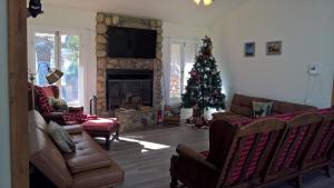 a living room with a christmas tree and a fireplace at Secluded Oasis with Hot tub n firplace on 40 acres in Bodfish