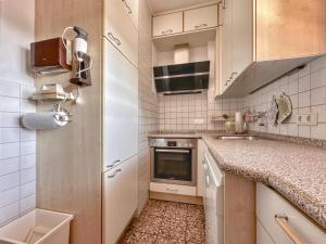 a small kitchen with a sink and a stove at Rehberg Hütte in Neuenhammer