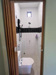 een badkamer met een douche, toilet en wastafel bij Ariyanie Roomstay 2 in Kuala Terengganu +4 foto's