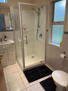 une salle de bain avec douche et toilettes dans l'établissement The Cottage on Hurford - New Plymouth, à New Plymouth