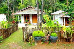 a small house with plants in front of a fence at Surf Side Hiriketiya in Hiriketiya