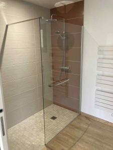 a shower with a glass door in a bathroom at Charmante maison près de la gare 2 chambres in Jonzac +10 photos
