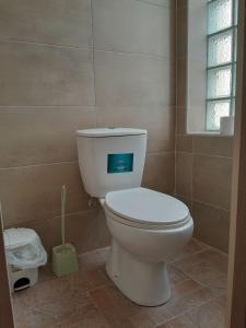 a white toilet in a bathroom with a window at Courtyard Cottage in Athens
