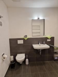 a bathroom with a toilet and a sink at Gelis Ferienwohnung in Aichstetten +27 photos