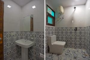 deux photos d'une salle de bain avec un lavabo et des toilettes dans l'établissement Hotel O Three Kings, à New Delhi