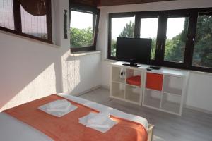 a bedroom with a bed and a flat screen tv at Apartment Beli Kriz in Piran
