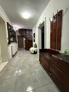 una grande stanza con un grande pavimento piastrellato e una cucina di Cabana GRAD a Săliştea de Sus Altre 126 foto