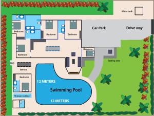 a floor plan of a villa with a swimming pool at Villa Waree minutes to City and Beach, Free electricity in Ban Nong Chaeng