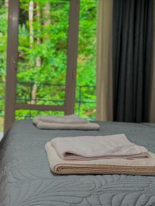 two towels sitting on top of a bed with a window at Nunisi Forest Hotel & SPA in Nunisi