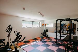 a gym with treadmills and exercise equipment in a room at Burgenland Hideaway in Bad Tatzmannsdorf