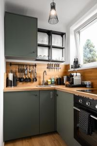 a kitchen with a sink and a window at Stylisches Apartment in Linz mit Netflix & Balkon in Linz