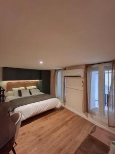 佩皮尼昂Amagat Loft Piscine et Hammam的一间卧室，配有一张大床和一扇大窗户。