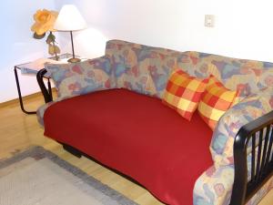a couch with a red blanket and pillows on it at Gästehaus Brigitte Kienzler in Gremmelsbach
