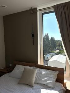 a bedroom with a bed and a large window at Meraki Residence in Ungheni