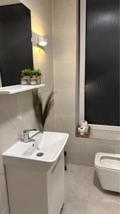 a white bathroom with a sink and a toilet at Meraki Residence in Ungheni