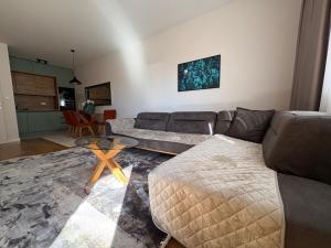 a living room with a couch and a table at Apartments Central Point 11 & Private Garage in Podgorica
