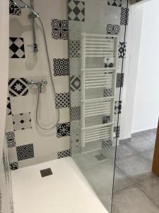 a shower in a bathroom with black and white tiles at Le Lotus Oasis des Pins avec piscine in Labenne