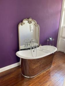 a bath tub with a mirror in a purple bathroom at Chateau de Minargent in Aulnay
