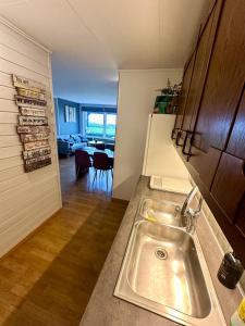 a kitchen with a sink and a living room at Cozy Landscape House, Near pulpit Rock in Strand